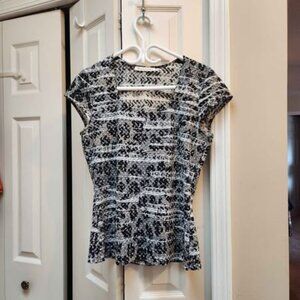 [M] MELANIE LYNE blouse black‎ tan & white dressy textured cap sleeve medium